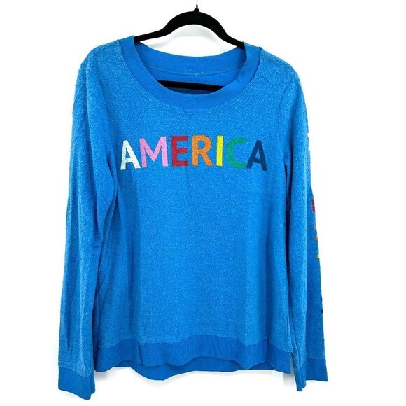 NWT CHASER Blue Rainbow Reverse Fleece Super Soft Crew Neck Sweater Size Medium - Picture 1 of 5